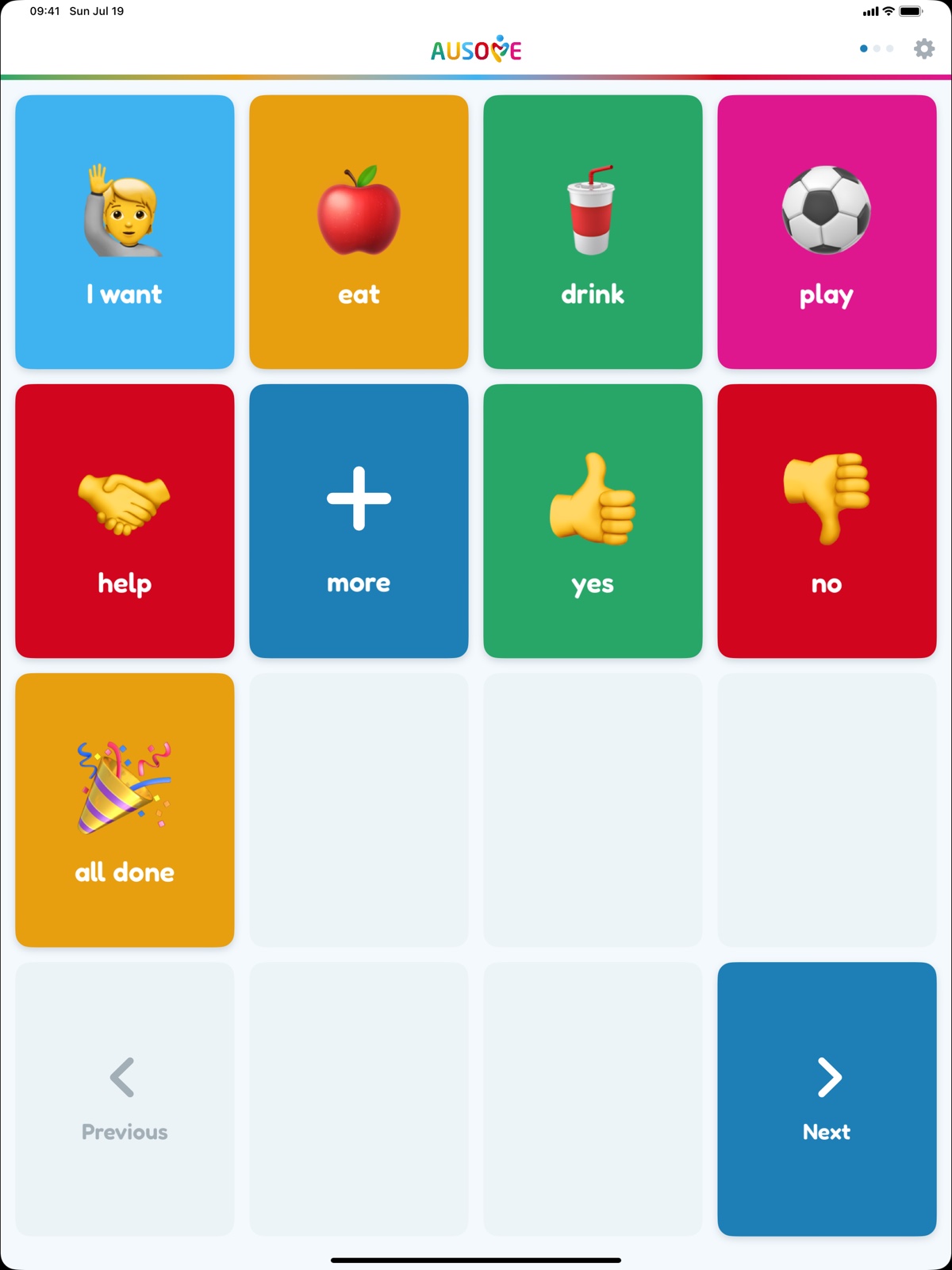Ausome core AAC board with picture-word tiles for I want, eat, drink, play, help, more, yes, no, and all done